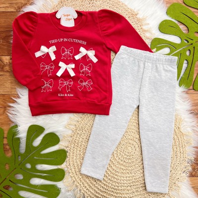  Conj. Casaco de Moletom Tied Up in Cuteness e Calça Legging - Vermelho e Mescla